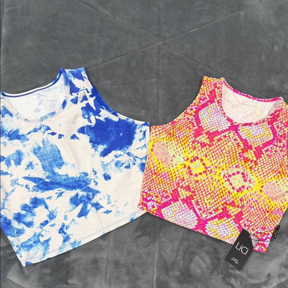 LICI Women's Blue Tie-Dye and Pink Snake Print Crop Tops